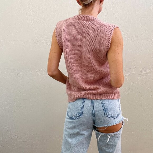 Vintage Pastel Pink Green Plaid Knit Button Up Sweater Vest - Picture 5 of 7